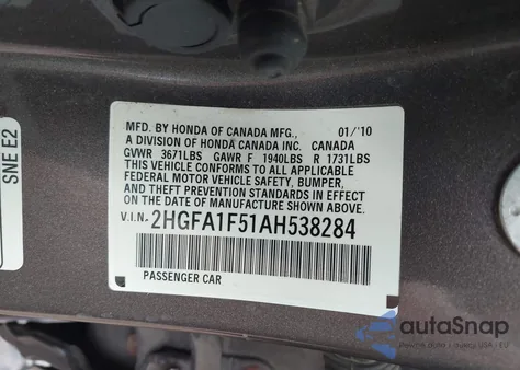 2010 Honda Civic Lx from USA, damaged, VIN 2HGFA1F51AH538284